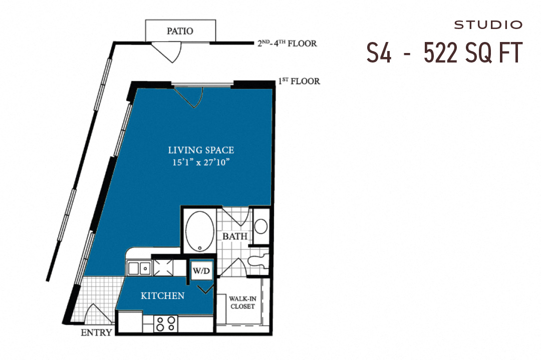 Floor plan for studio, 1 bath, 522 sqft